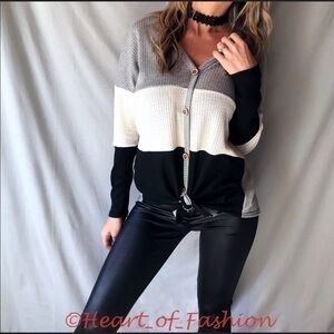 Color Block Waffle Knit Thermal Tie Front Pullover